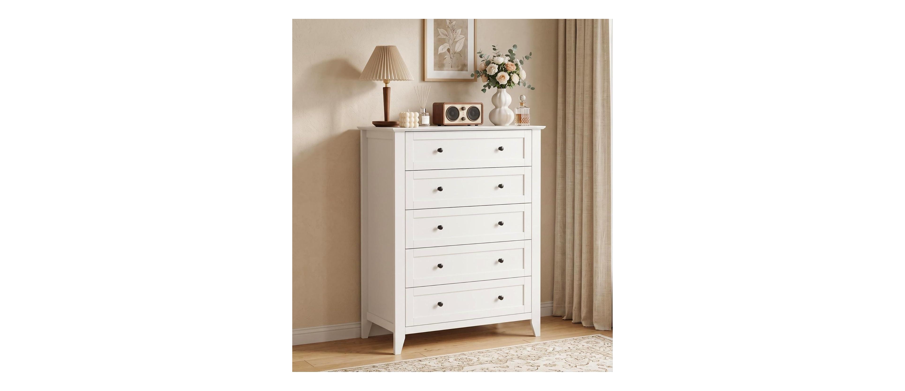 gaomon 5 Drawer Dresser, Modern White Tall Chest of Drawers for Bedroom, Storage Cabinet Organizer for Living Room, Home Office, Entryway