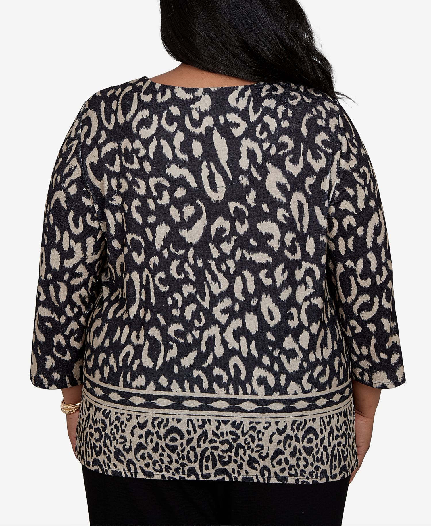 Plus Size Travel Advisory Animal-Print 3/4-Sleeve Split-Neck Top