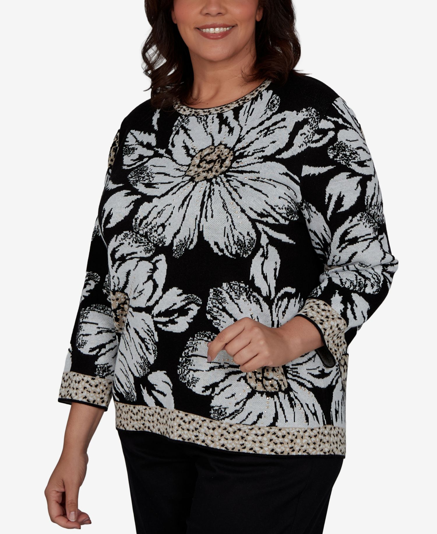 Plus Size Travel Advisory Floral 3/4-Sleeve Crewneck Sweater