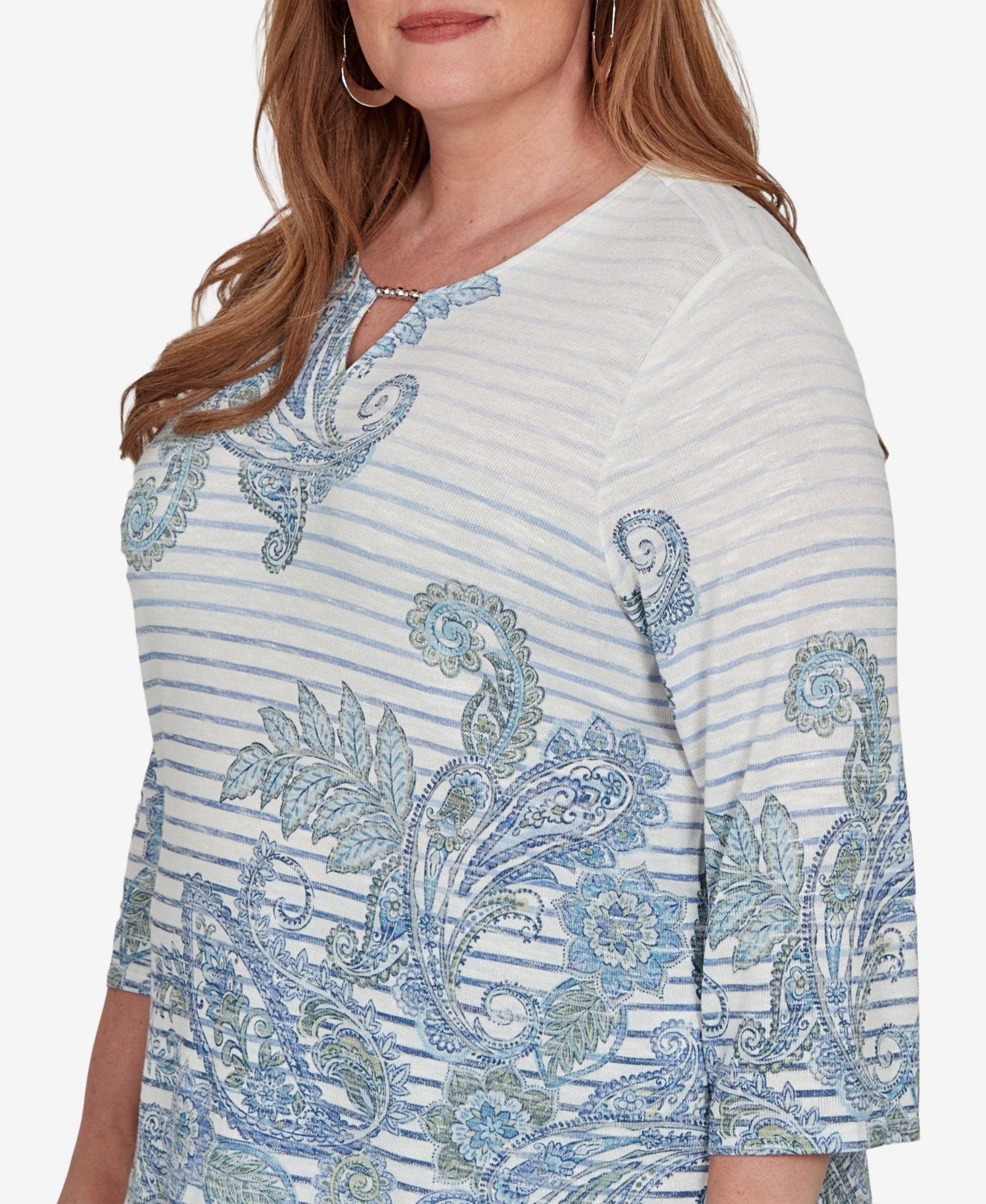 Plus Size Provence Paisley Stripe 3/4-Sleeve Split-Neck Blouse