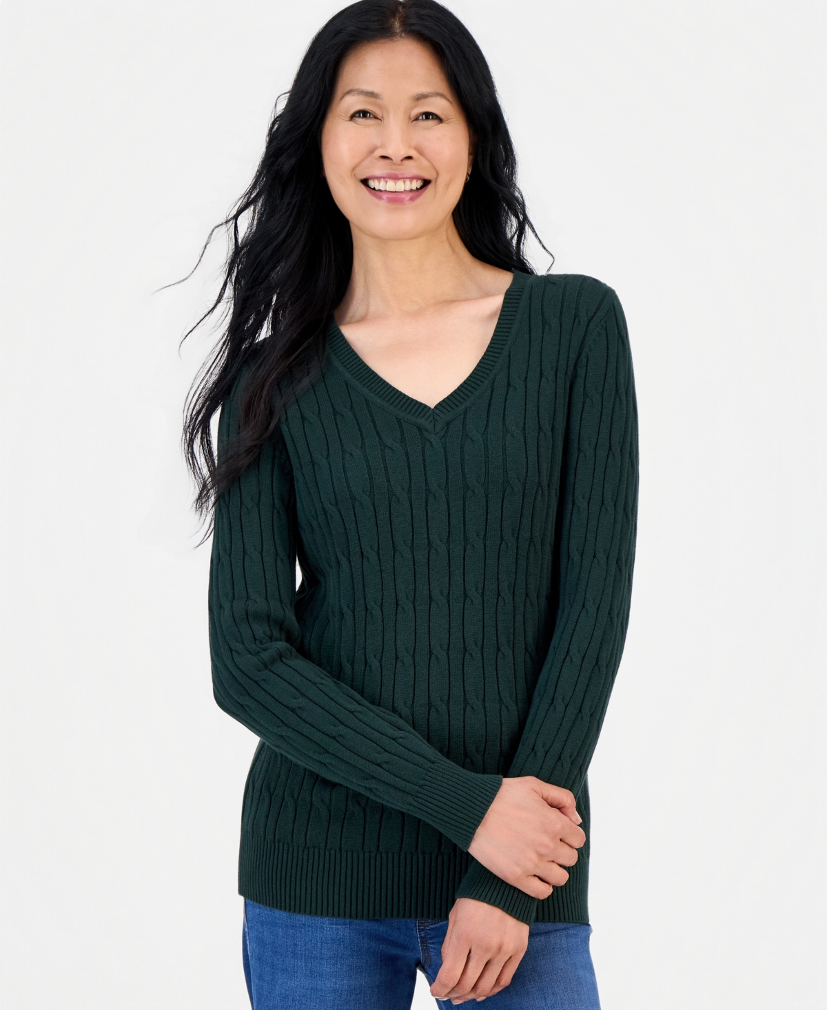 Style & Co Petite Cotton Cable-Knit V-Neck Sweater, Created for Macy's - Nocturnal Green