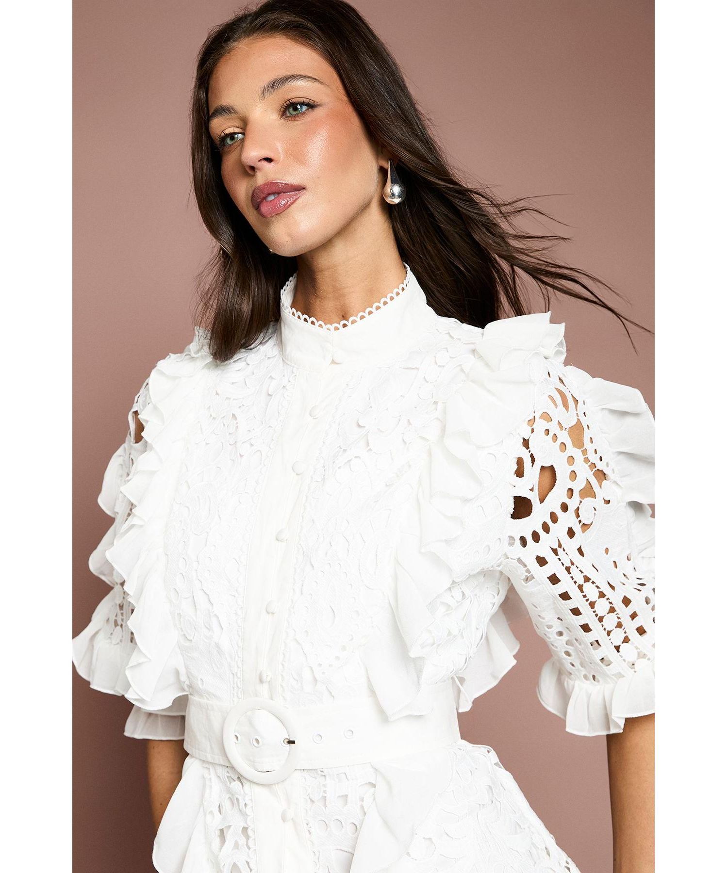 Women's Lace-Ruffle Belted Midi Dress