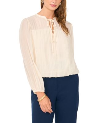 Women's Long-Sleeve Split-Neck Bubble-Hem Blouse