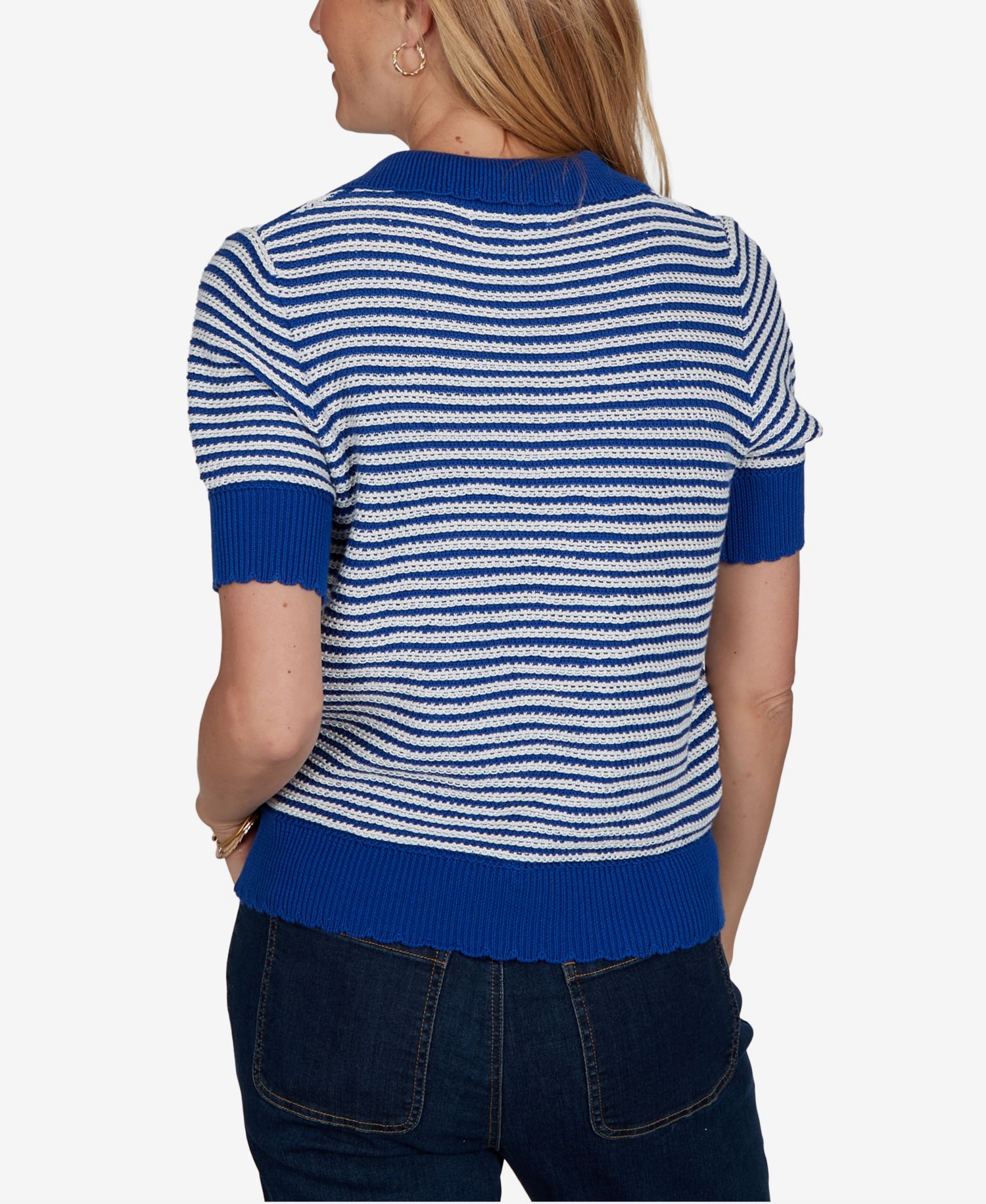 Petite Two-Tone Collared Elbow-Sleeve Sweater