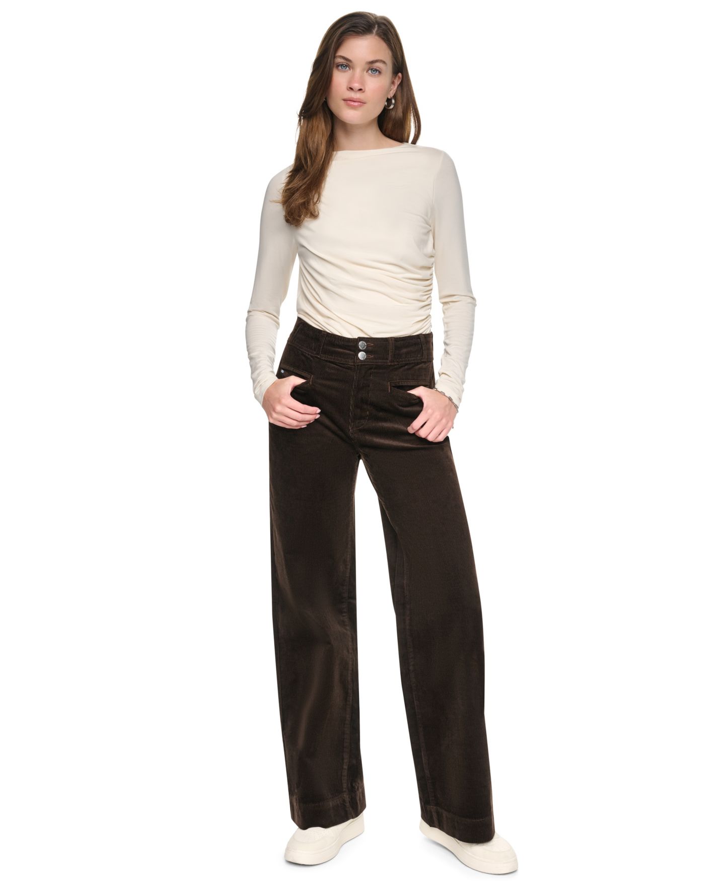 Женские брюки DKNY Jeans Petite High Rise Corduroy Wide-Leg, цвет: Тёмно-коричневый — фото 1