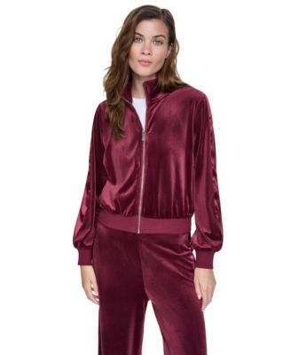 Petite Velour and Satin Trim Mock-Neck Zip-Front Jacket
