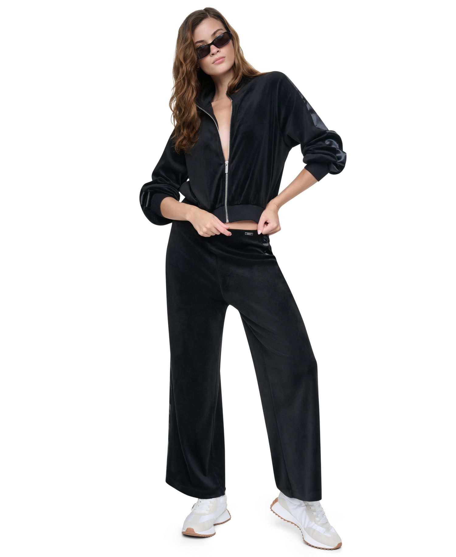 Petite Velour and Satin Trim Mock-Neck Zip-Front Jacket