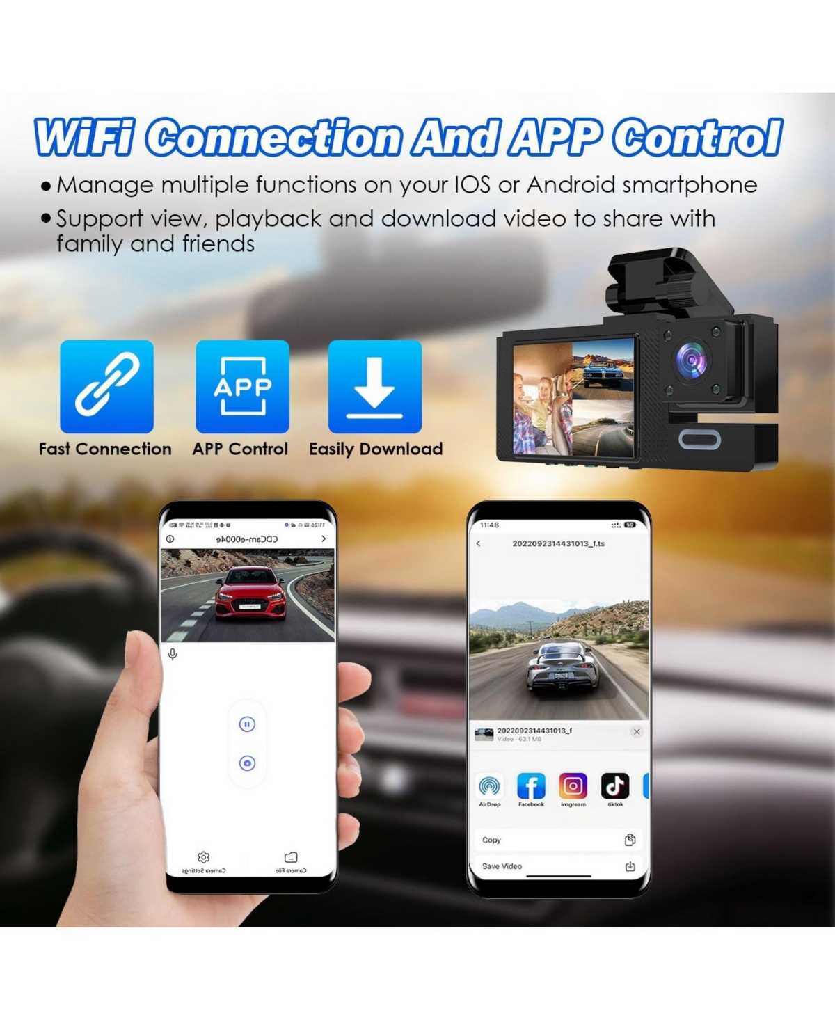 Neewer 1080P 3-Channel Dash Cam with WiFi App Control, Night Vision, Loop Recording, Front, Rear and Inside Cameras, 64G Card
