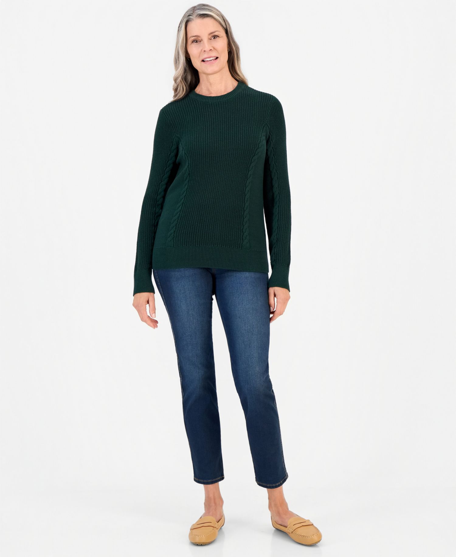 Petite Mixed Rib Cable-Knit Cotton Crewneck Pullover