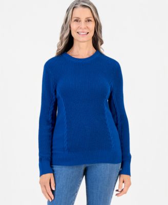 Petite Mixed Rib Cable-Knit Cotton Crewneck Pullover