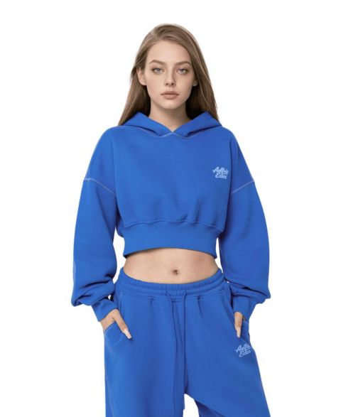 Женские комплекты AELFRIC EDEN Cloud Essential Fleece Cropped Pullover Hoodie Set, цвет: Синий