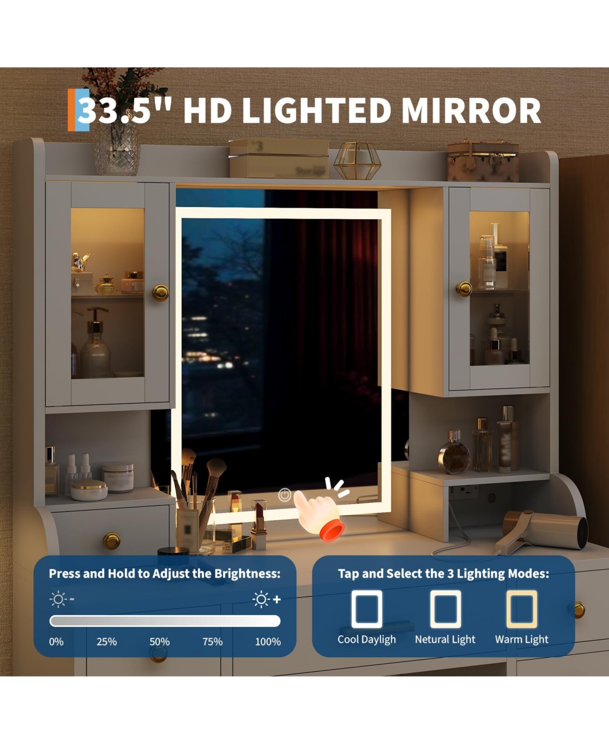gaomon Vanity Desk with Charging Station and Led Mirror, Large White and Gold Makeup Dressing Table, 3 Light Modes, 6 Drawers, Cabinet and Shelves