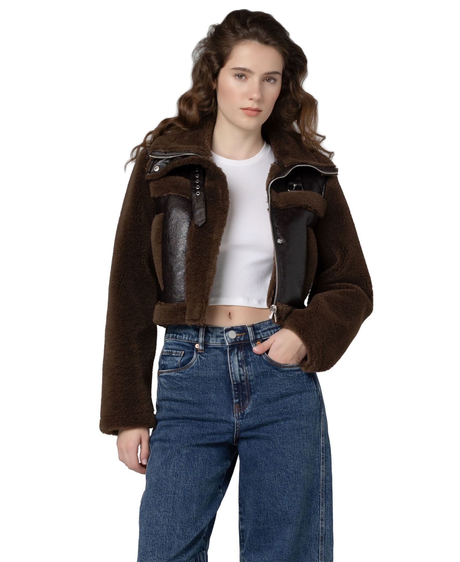 Women's Funnel Collar Cropped Sherpa Jacket