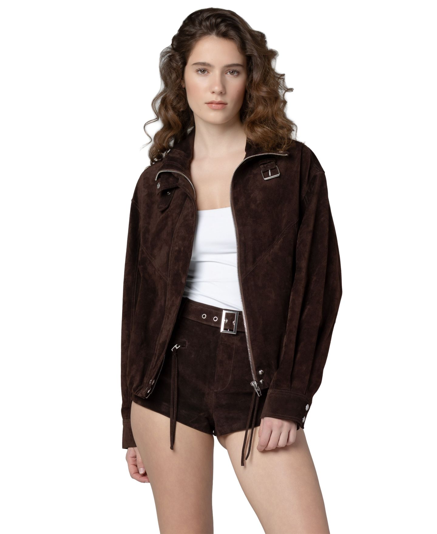 Женская куртка BLANK NYC Midnight Drift High Collar Suede Bomber, цвет: Шоколадный — фото 4