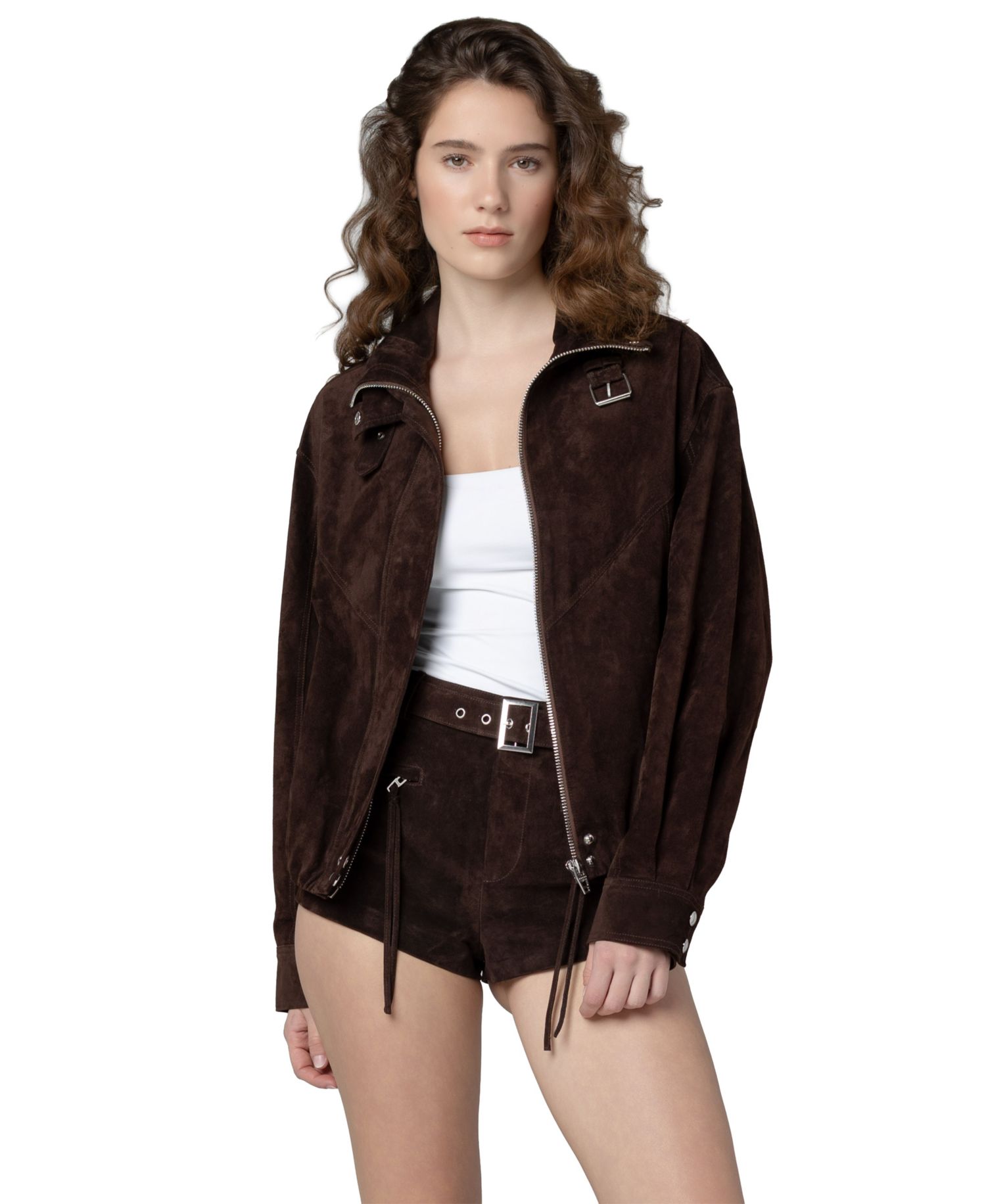 Women's Midnight Drift High Collar Suede Bomber Jacket