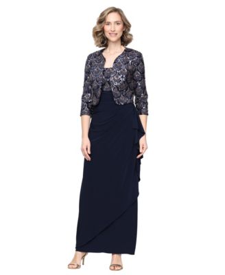 Women's Scoop Neck Empire Waist Sequin Bodice Dress and Bolero Jacket Set
