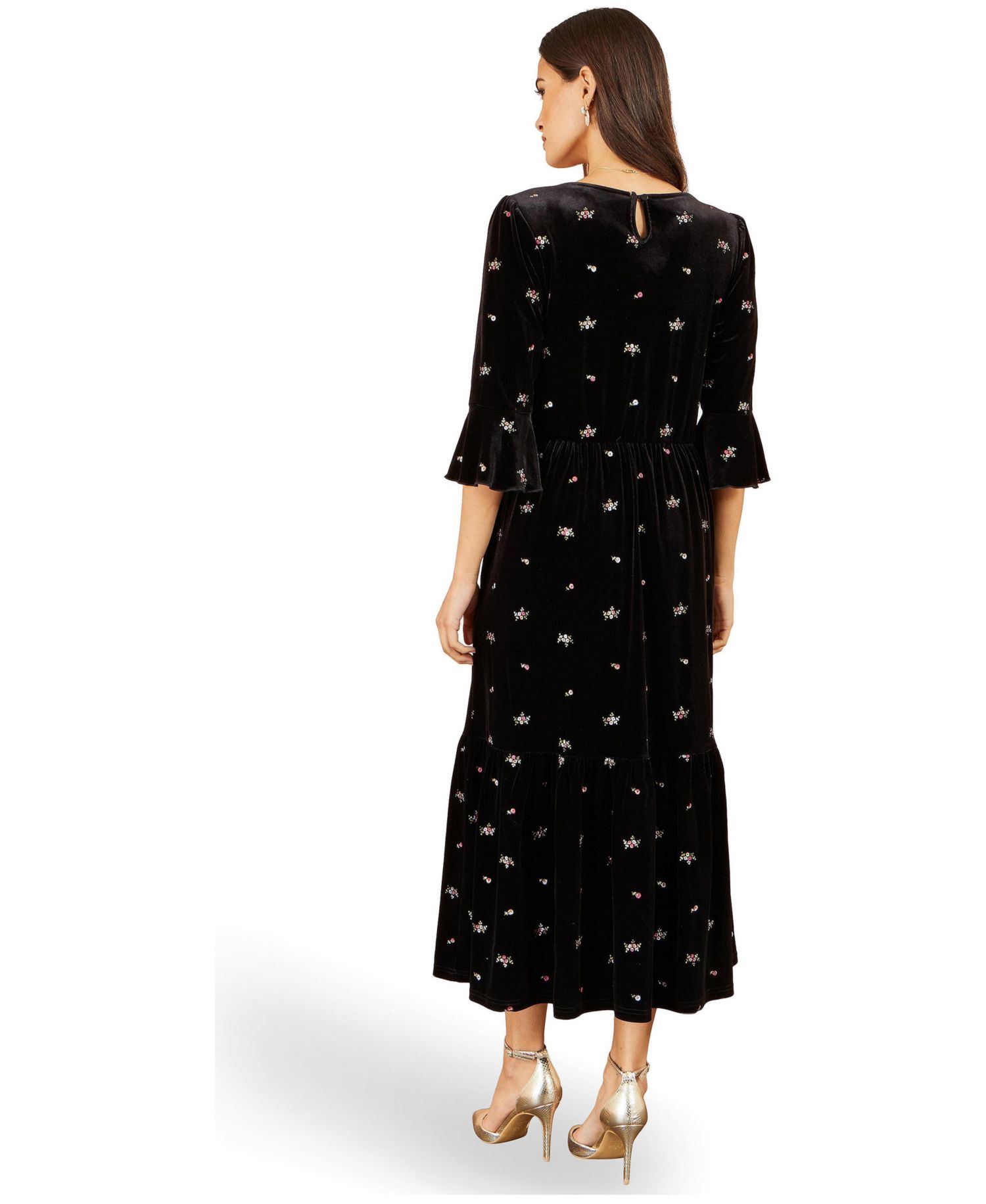 Women's Velvet Embroidered V-Neck Midi Dress