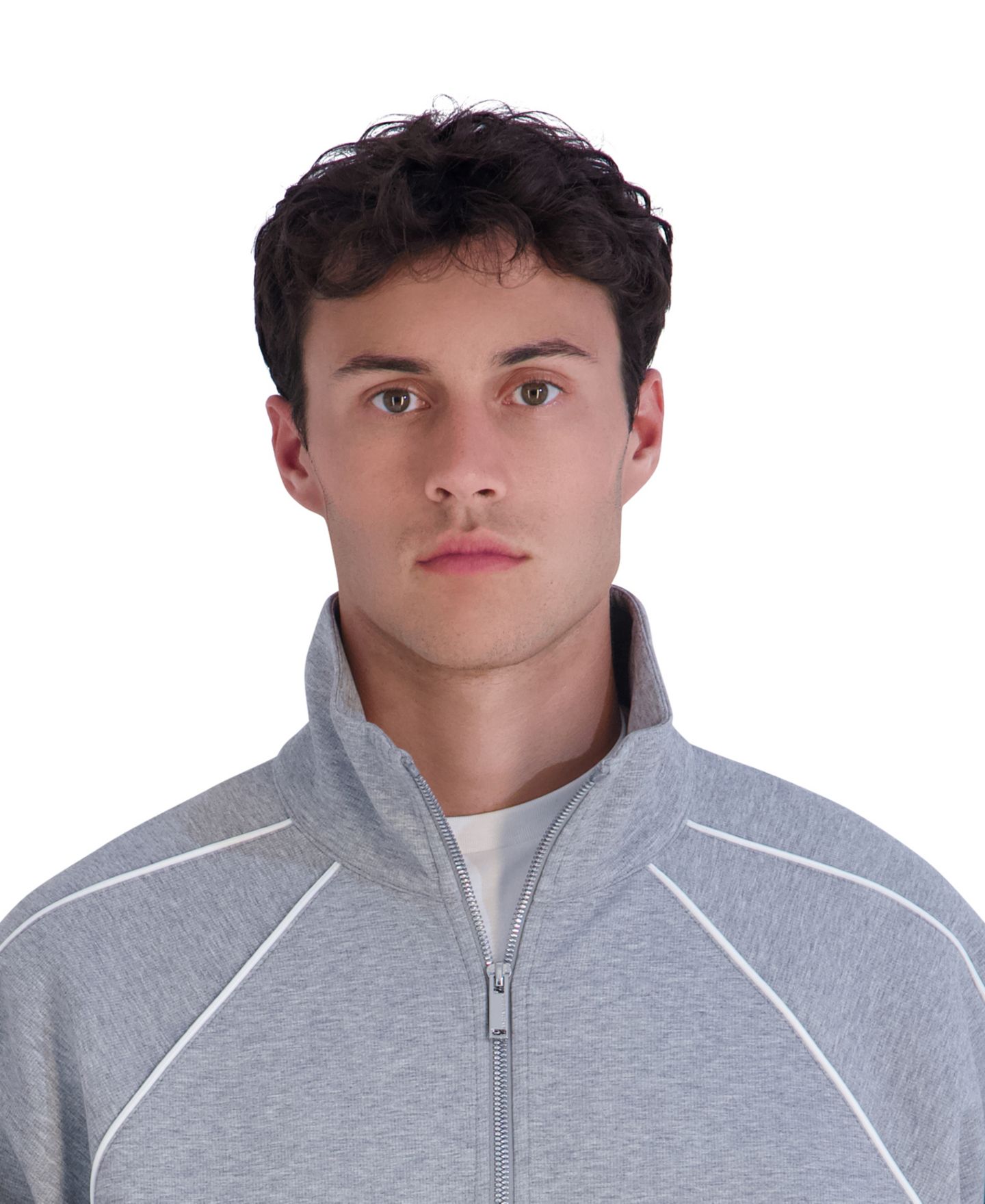 Мужская куртка KARL LAGERFELD PARIS Metal Logo Patch and Piping Detail Ponte Track, цвет: Меланжевый серый — фото 4