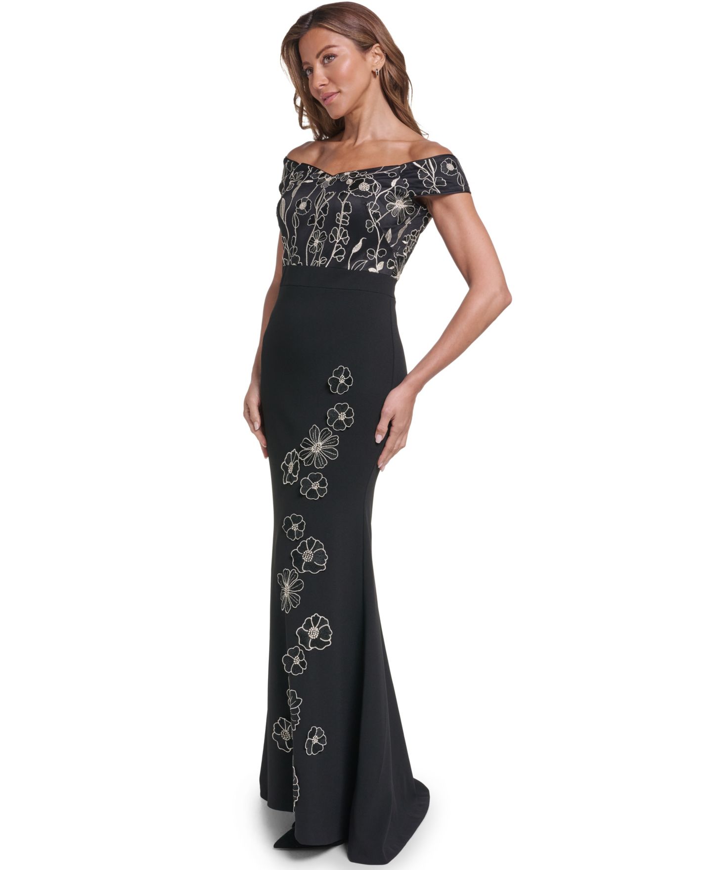 Женская юбка Eliza J Off-the-Shoulder Floral Combo-Skirt Gown, цвет: Чёрный — фото 2