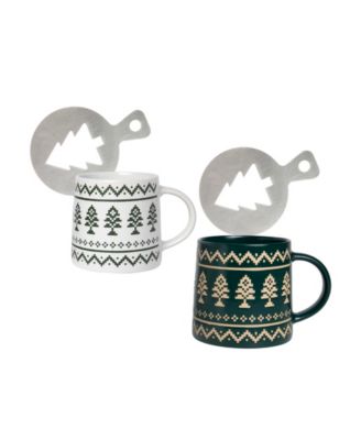Holiday Green & White Christmas Tree Mug + Stencil, Service For 2