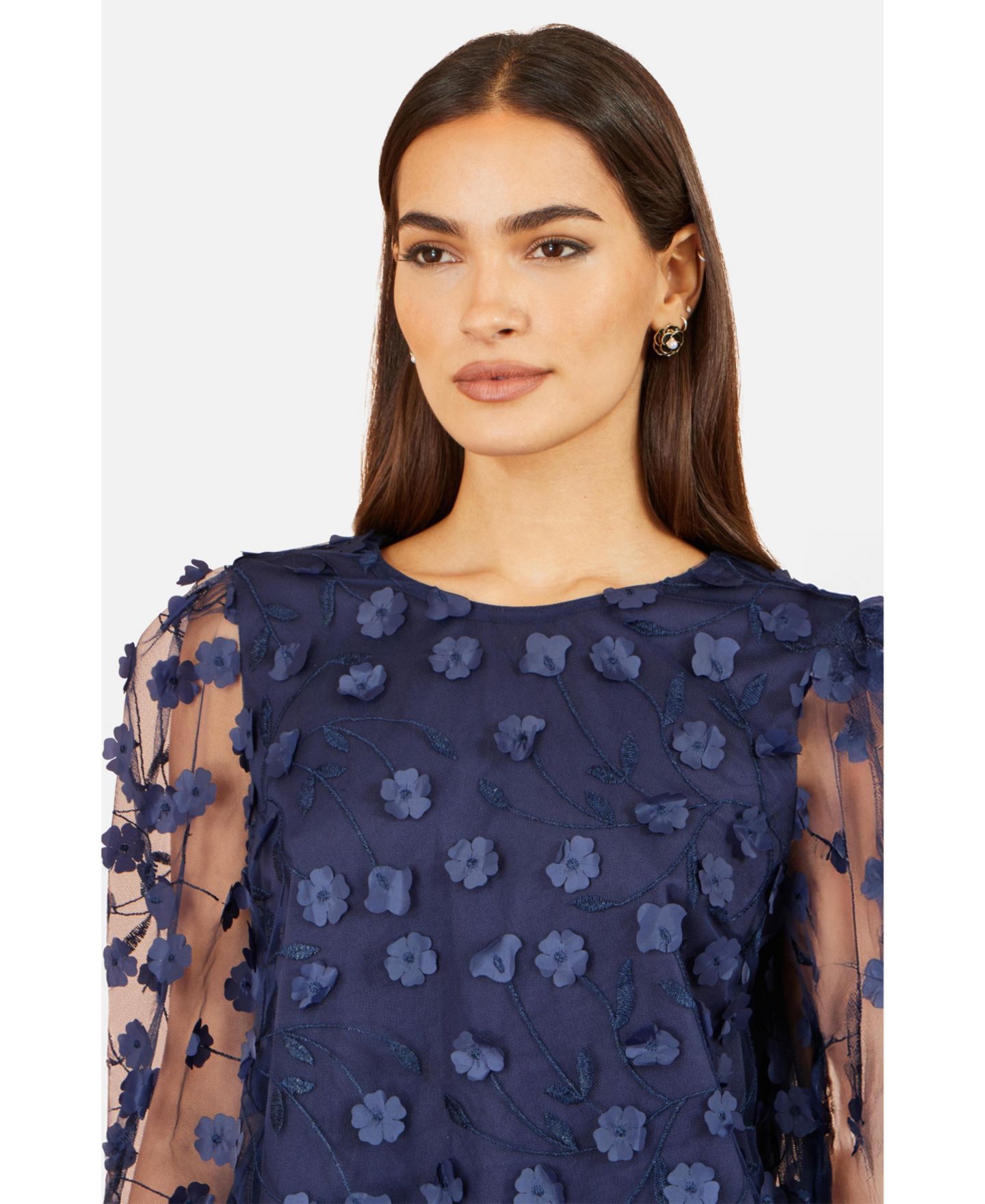 Женский топ Yumi Sheer Sleeve Applique Flower, цвет: Тёмно-синий — фото 4