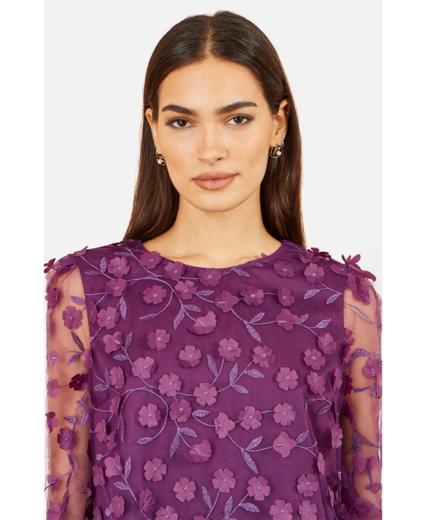 Женская блузка Yumi Floral Applique Sheer Long-Sleeve, цвет: Сливовый — фото 4