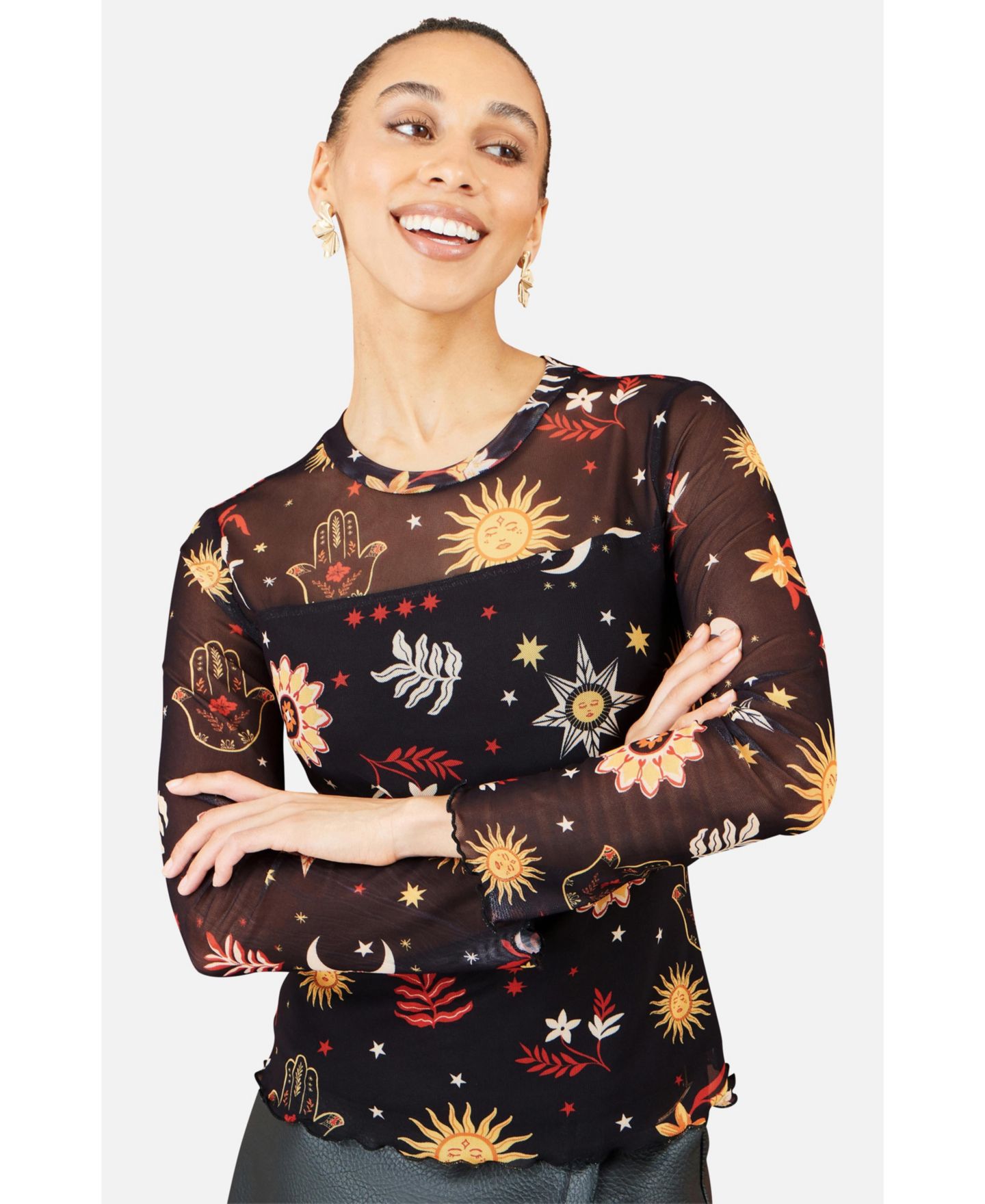Женский топ Yumi Cosmic Mesh Long-Sleeve Sheer, цвет: Чёрный — фото 5