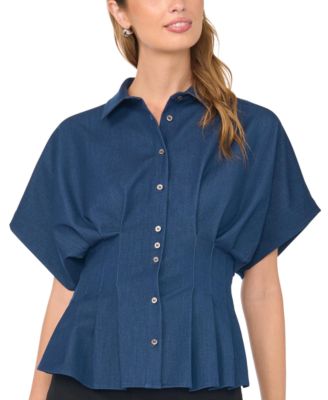 Women's Point-Collar Dolman-Sleeves Pleated-Waist Blouse