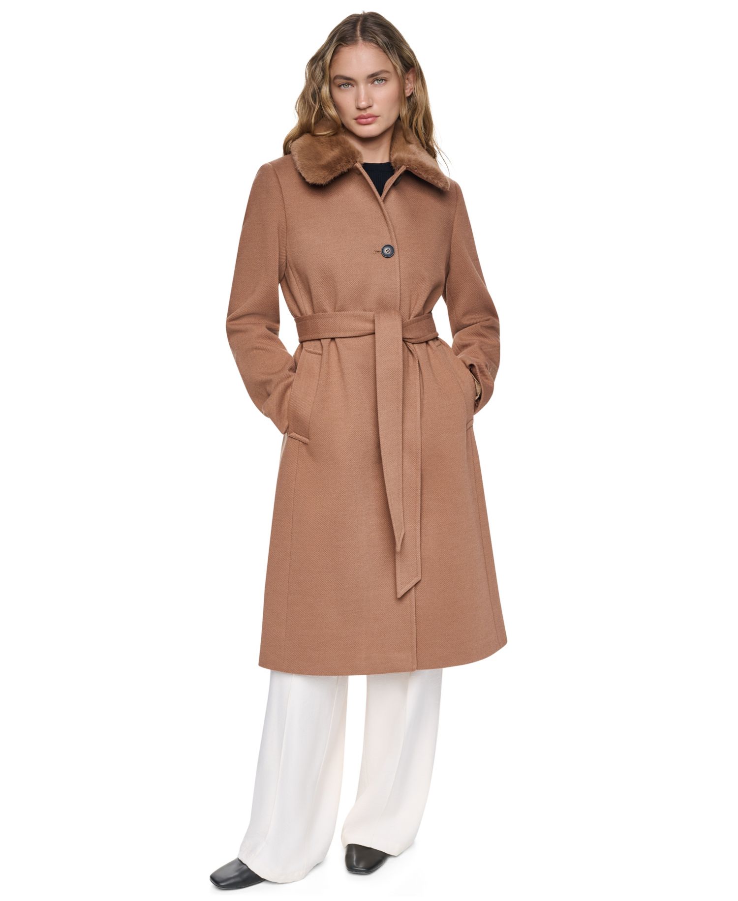 Women's Faux-Fur Collar Belted Single-Breasted Coat