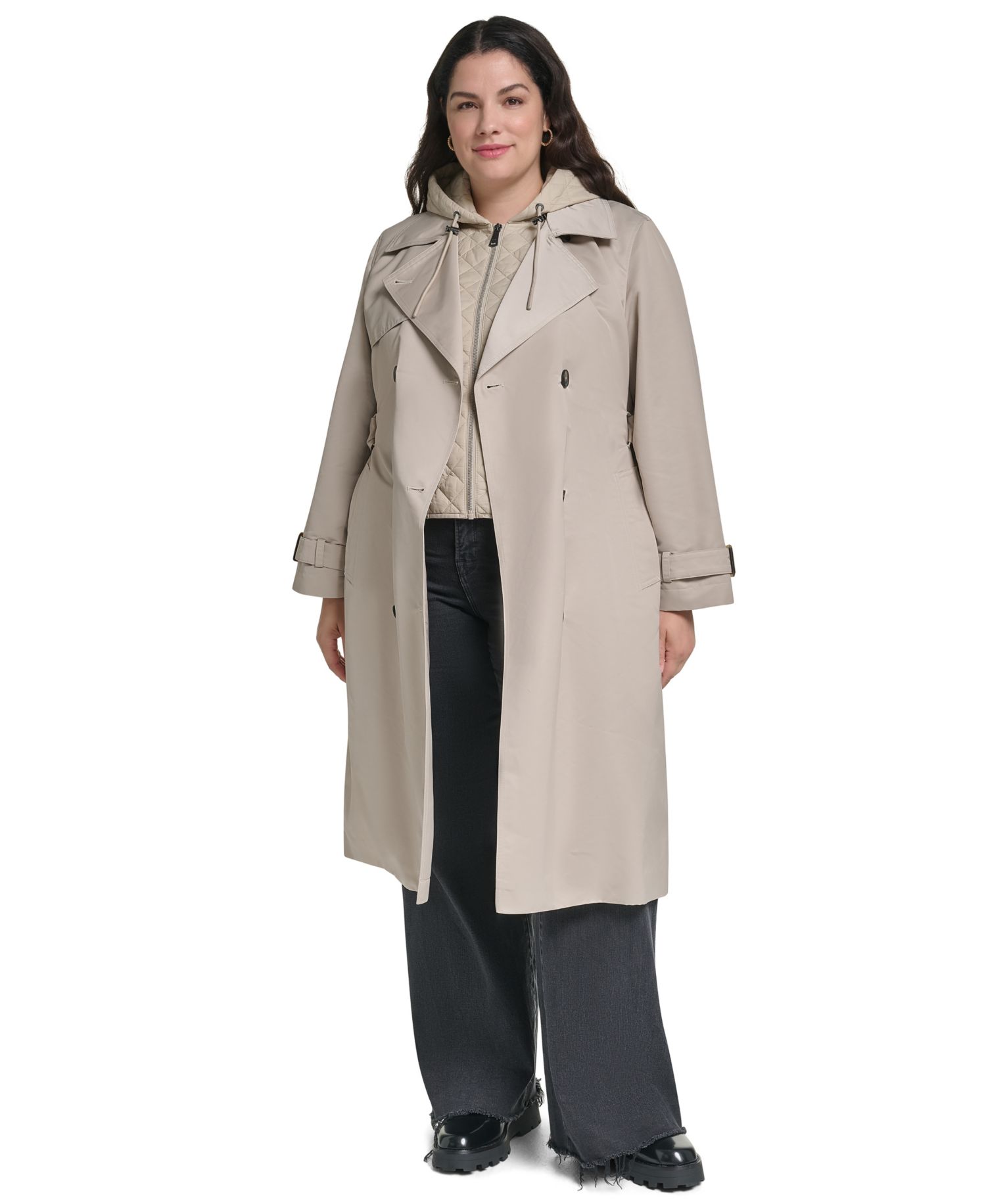 Plus Size Hooded Double-Breasted Belted Coat