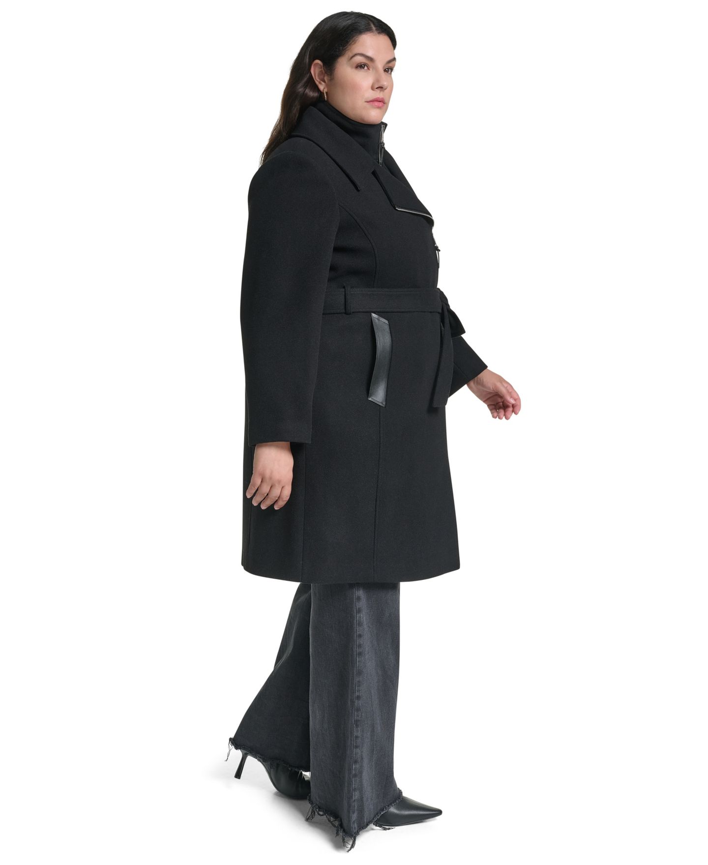 Женское шерстяное пальто DKNY с запахом, поясом и нагрудником, больших размеров, цвет: Чёрный — фото 3
