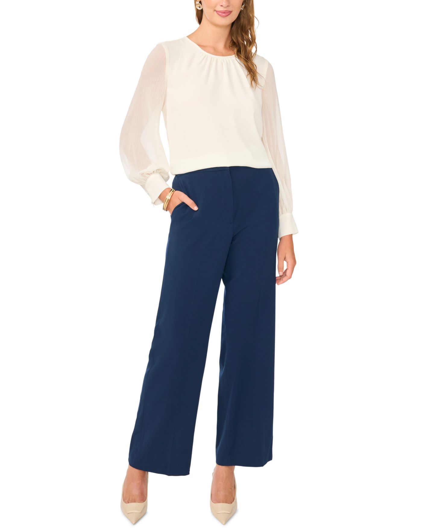 Женская блузка Vince Camuto Gathered Crewneck Long-Sleeve Chiffon Blouse, цвет: Слоновая кость — фото 2