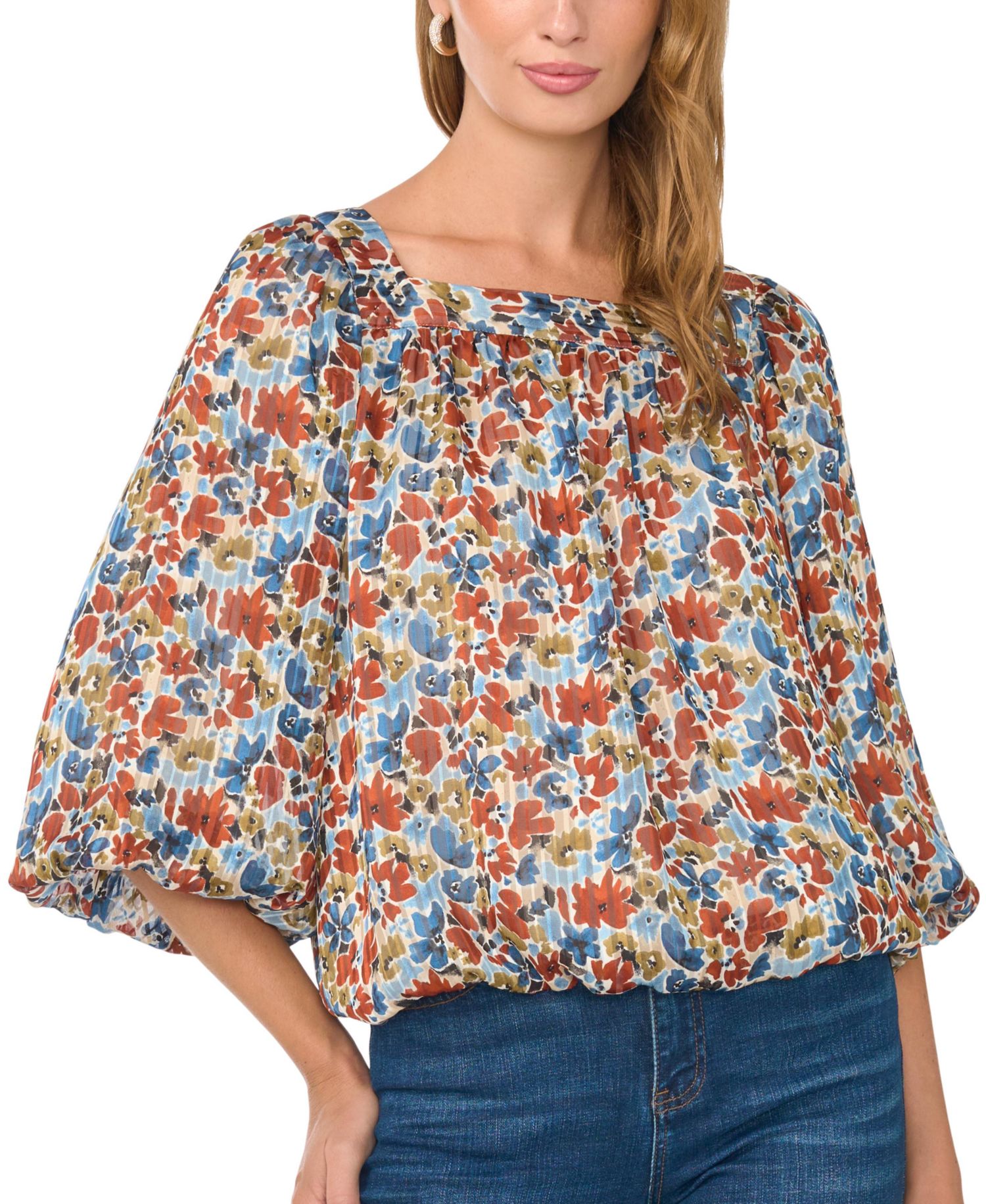 Women's Floral Square Neck 3/4-Sleeve Blouse