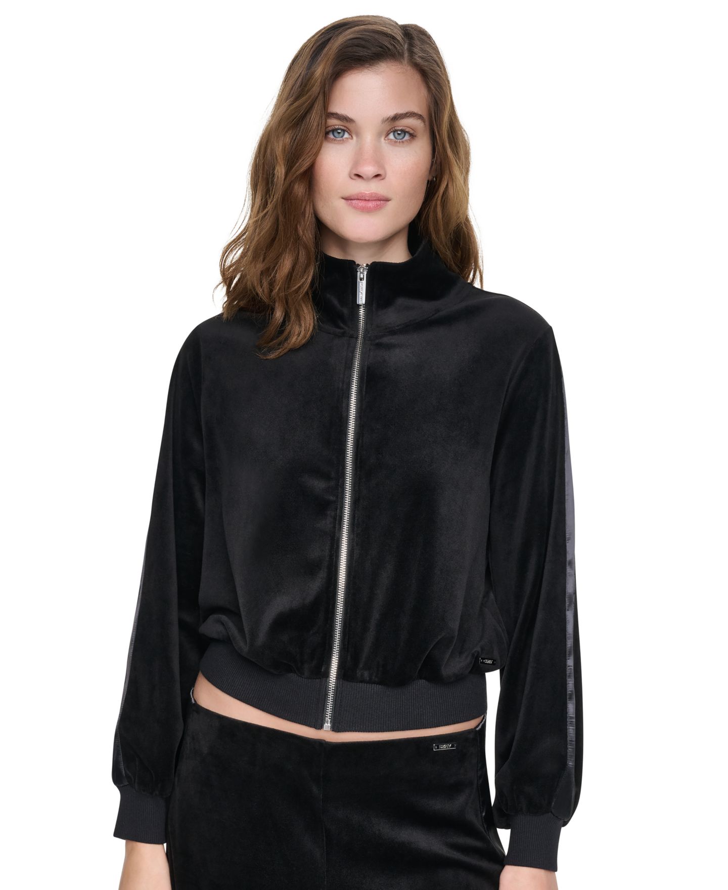 Женская куртка DKNY Jeans Petite Velour and Satin Trim Mock-Neck Zip-Front, цвет: Чёрный — фото 8