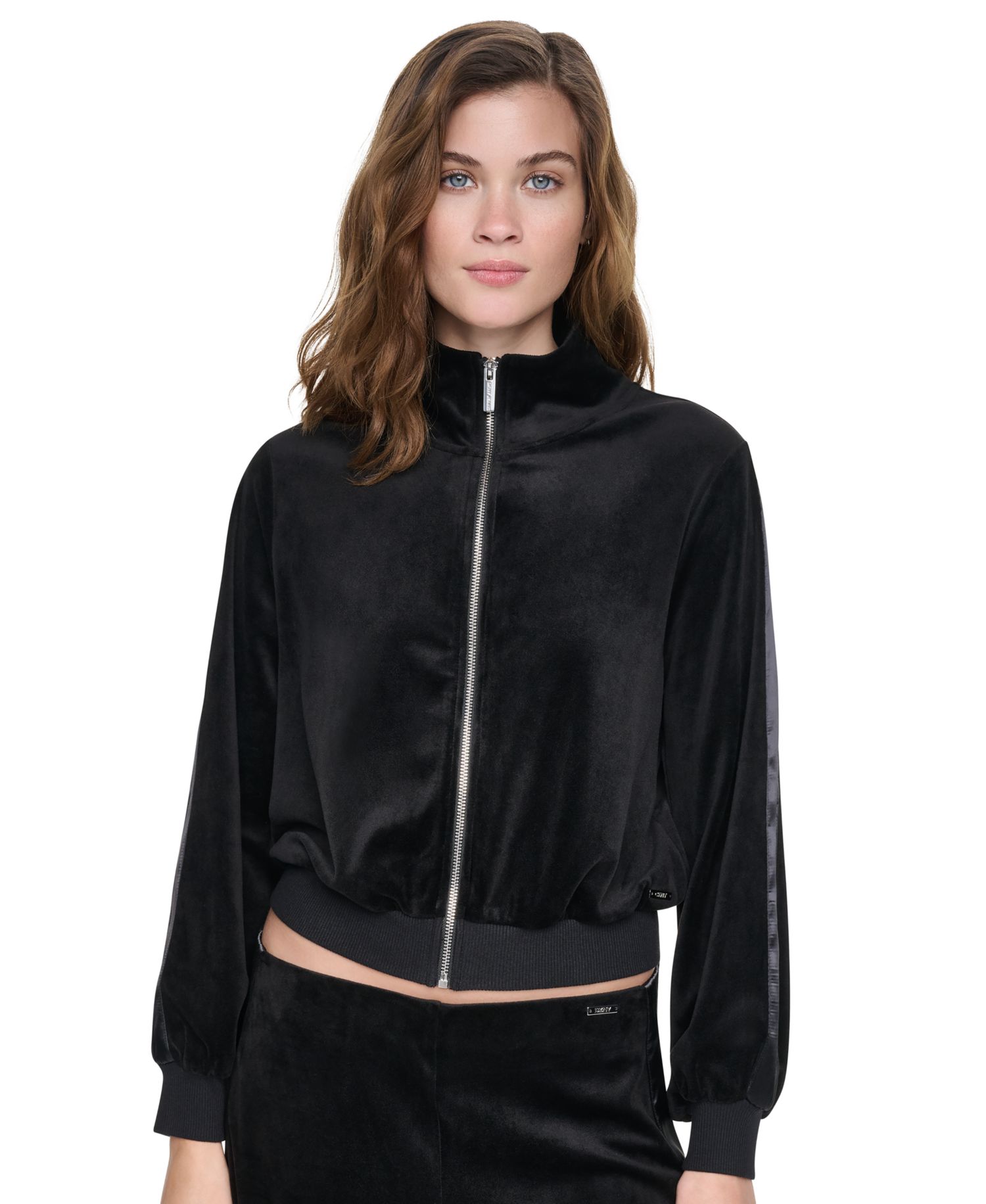 Petite Velour and Satin Trim Mock-Neck Zip-Front Jacket