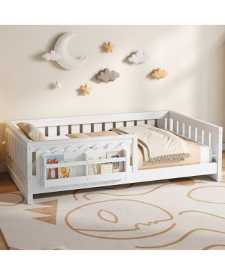 Wood Twin Size Platform Bed with Guardrail and Storage Shelves