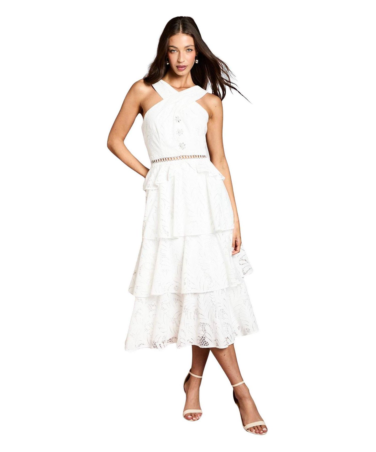 Women's Tiered Lace Halter Neck Midi Dress