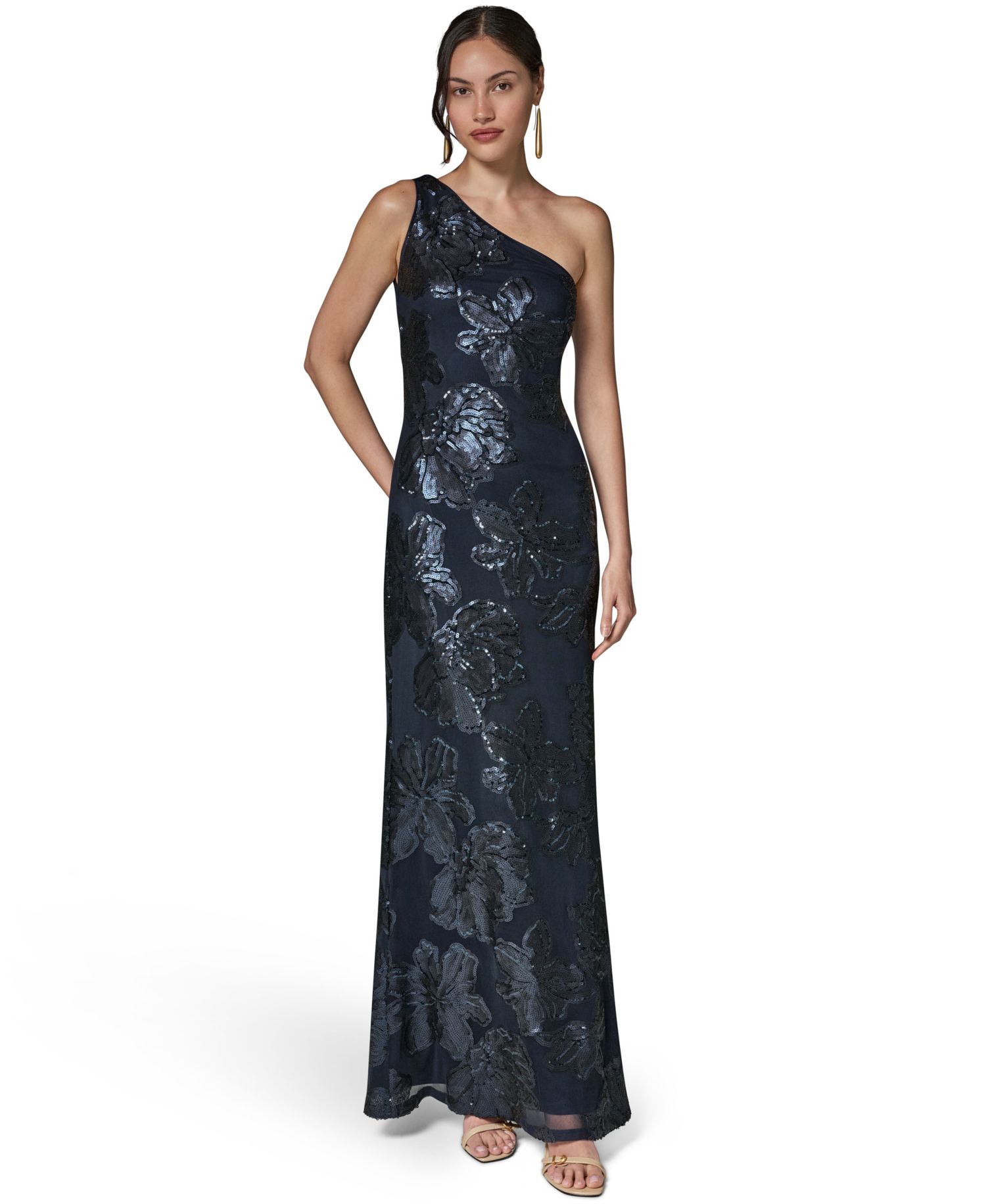 Women's One-Shoulder Floral-Sequin Gown