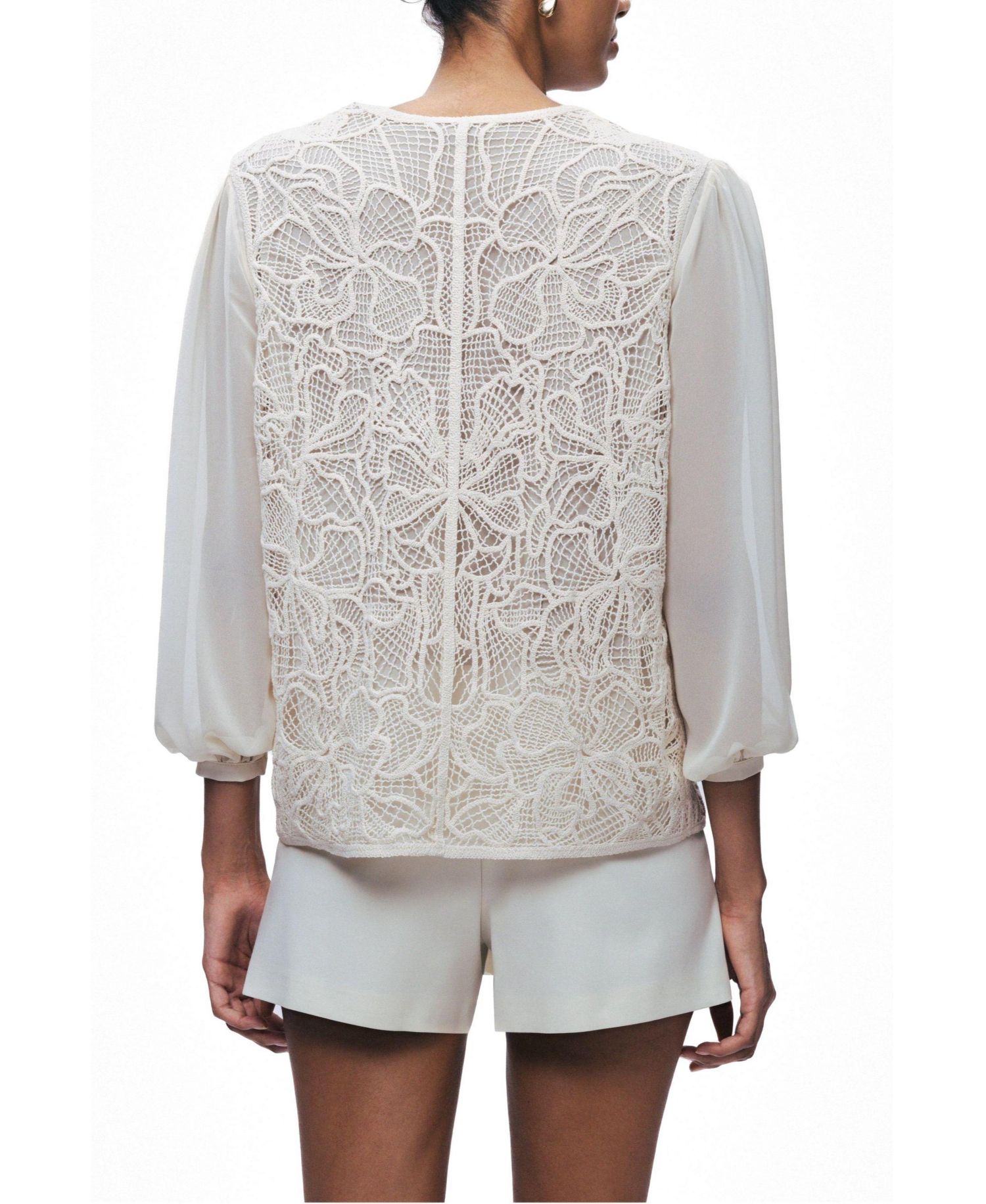 Women's Floral-Lace V-Neck Sheer Sleeve Jacket