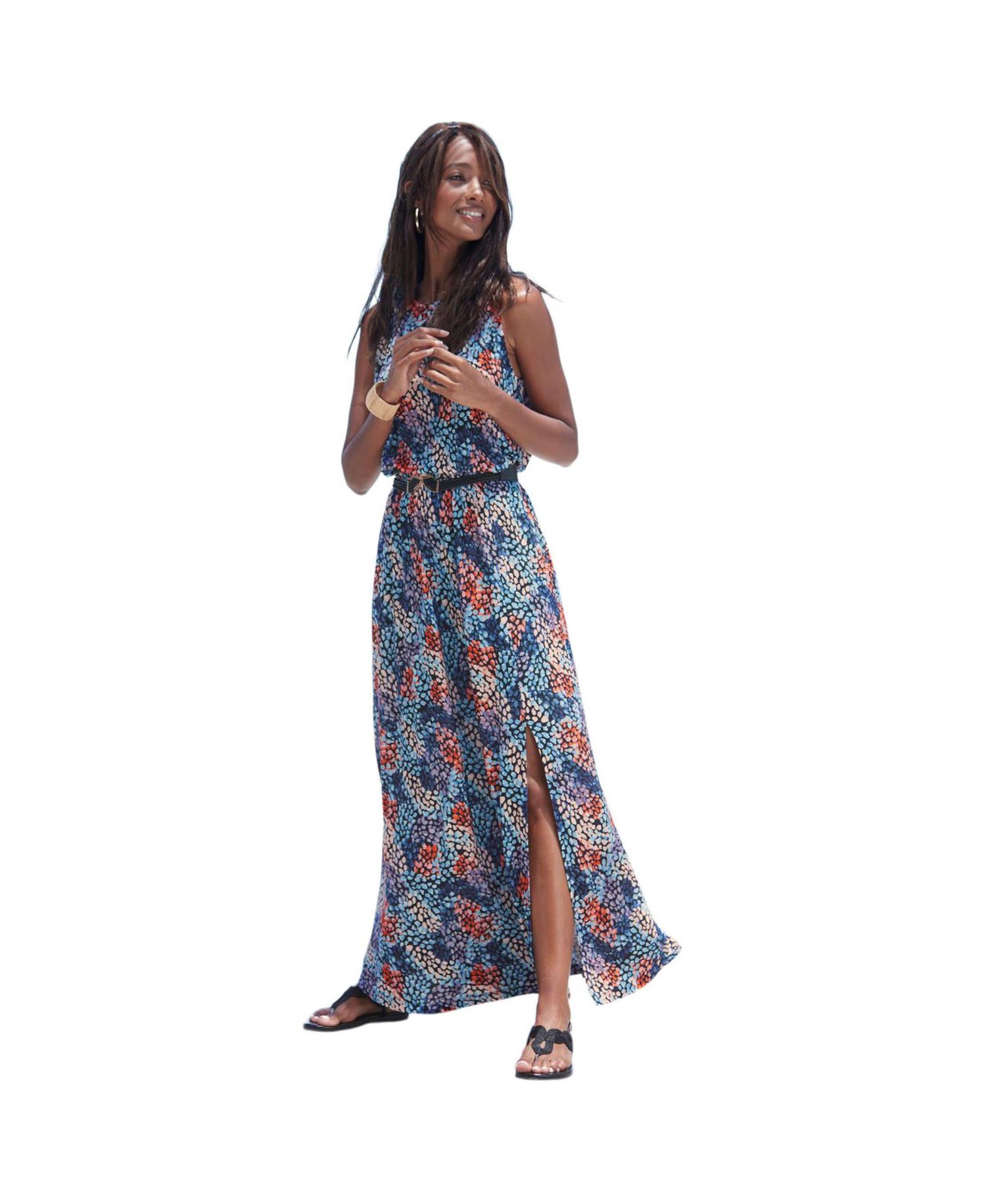 Women's Viscose Printed Side Slit Column Elastic-Waist Maxi Dress