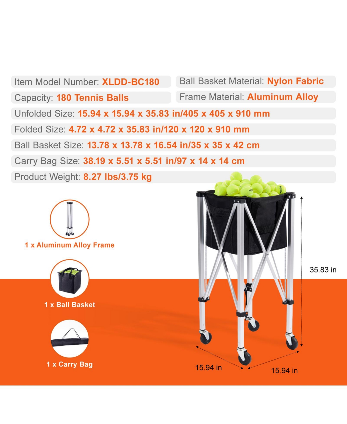 Vevor Tennis Ball Hopper Basket Teaching Tennis Ball Cart with Wheels 180 Balls