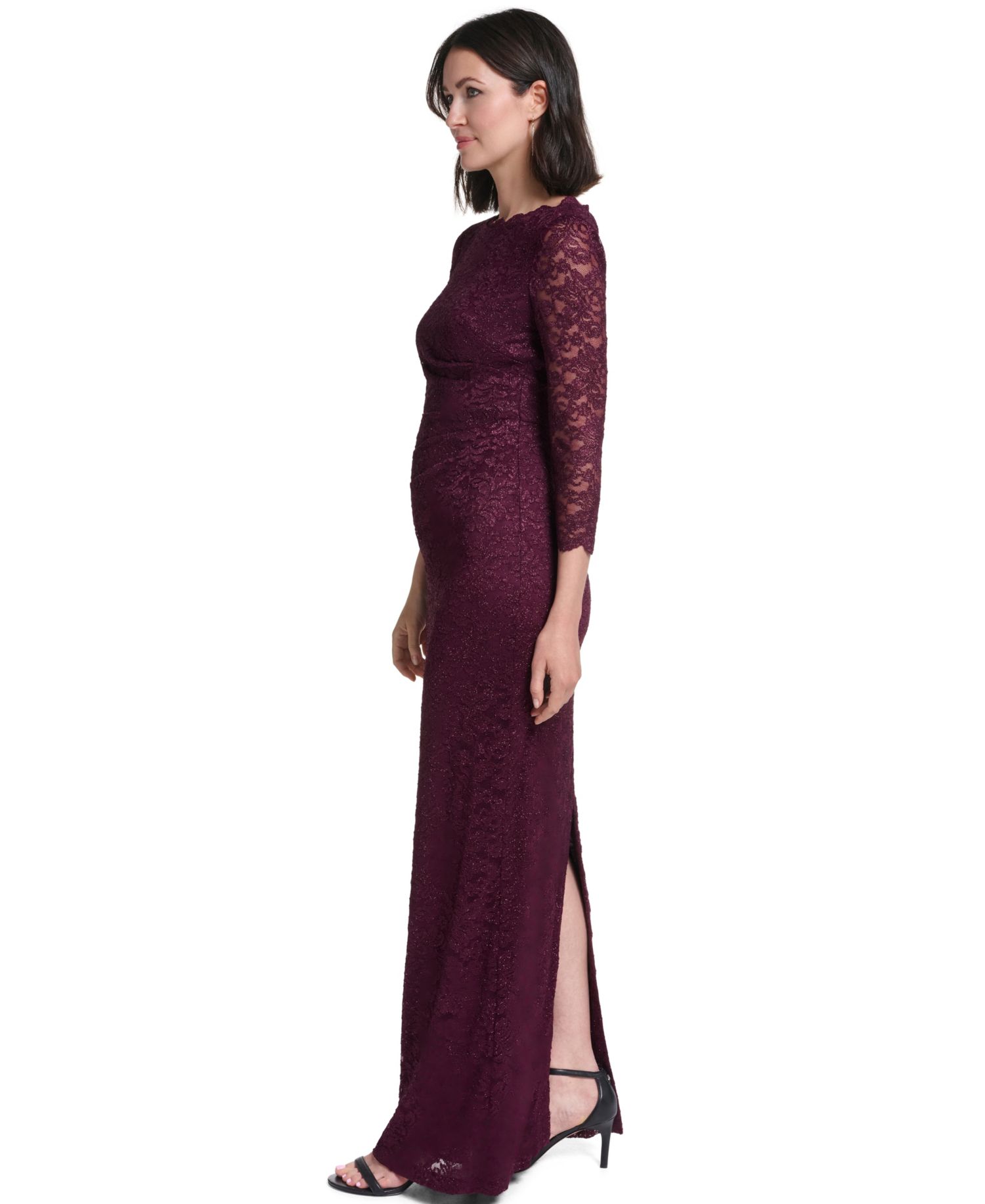 Petite 3/4-Sleeve Side-Tuck Lace Gown