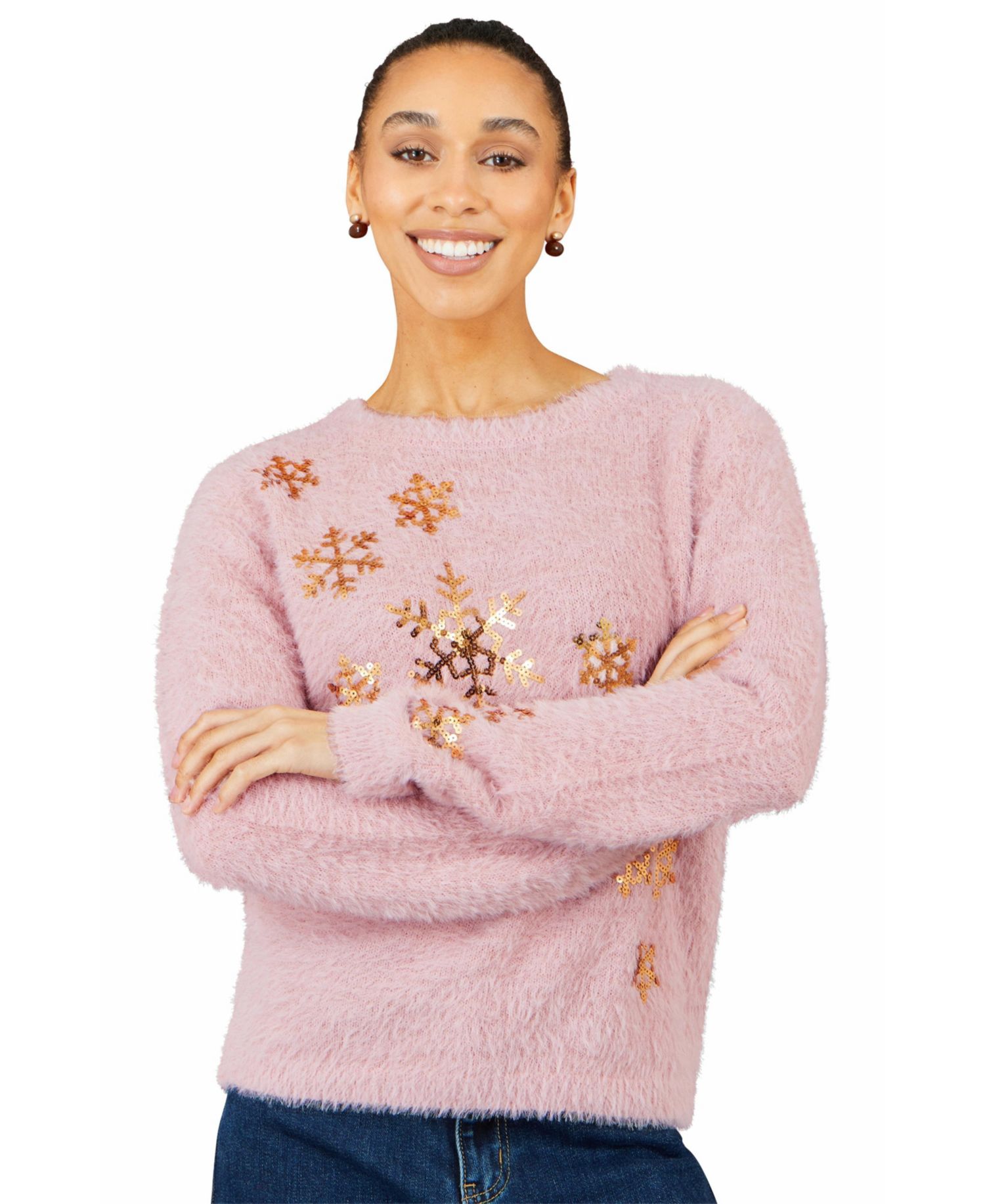 Women's Sequin Snowflake Fluffy Crewneck Sweater