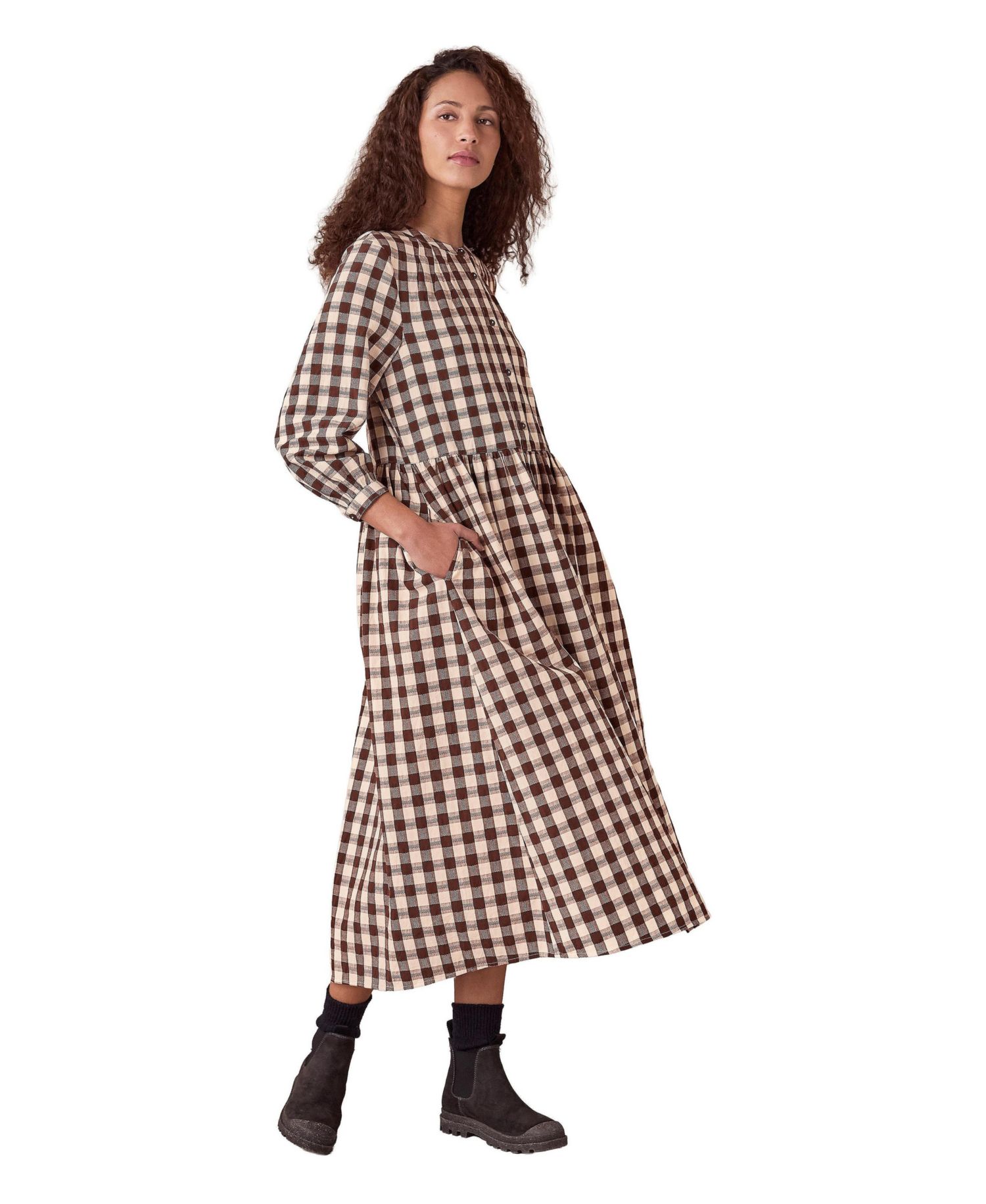 Women's Collarless Gingham Midi Dress