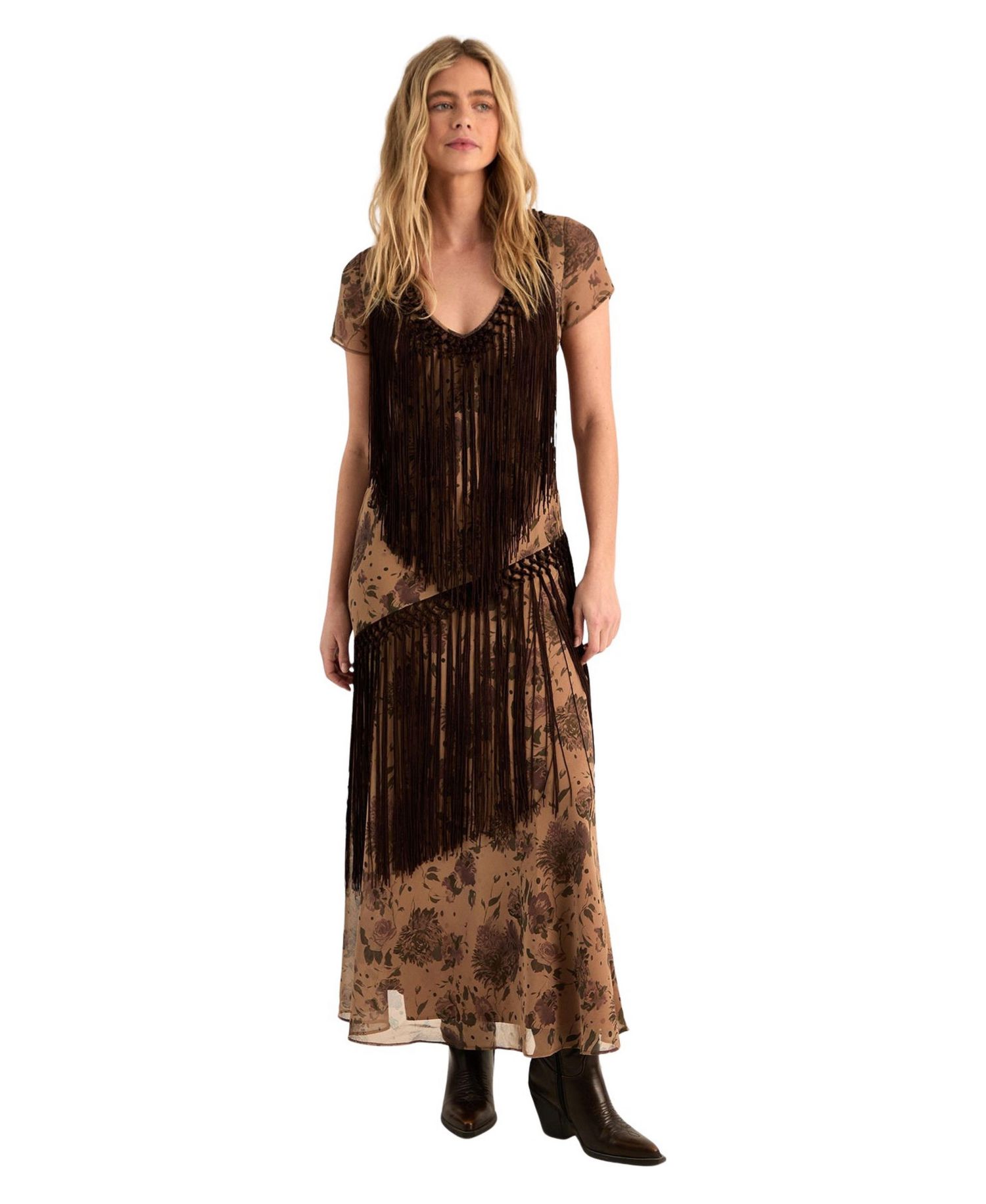 Women's Floral Chiffon Fringe Maxi Dress