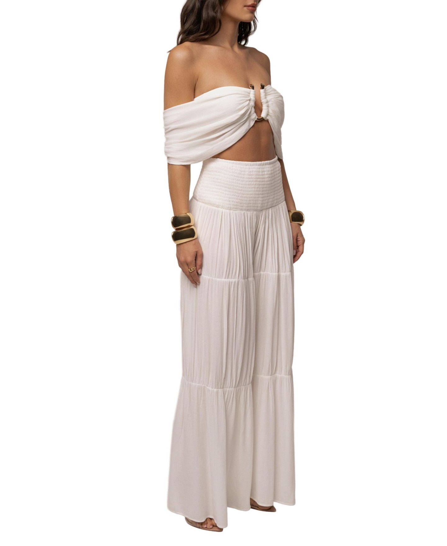 Женский комплект JLUXLABEL Hidden Gems Tier Off-the-Shoulder Crop High-Waisted Top and Pants, 2-Piece Set, цвет: Слоновая кость — фото 2