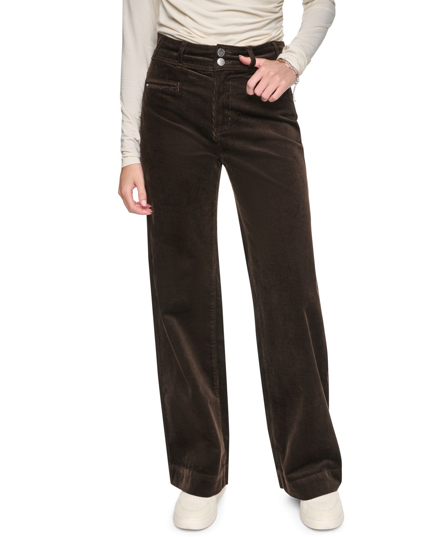 Женские брюки DKNY Jeans Petite High Rise Corduroy Wide-Leg, цвет: Тёмно-коричневый — фото 7