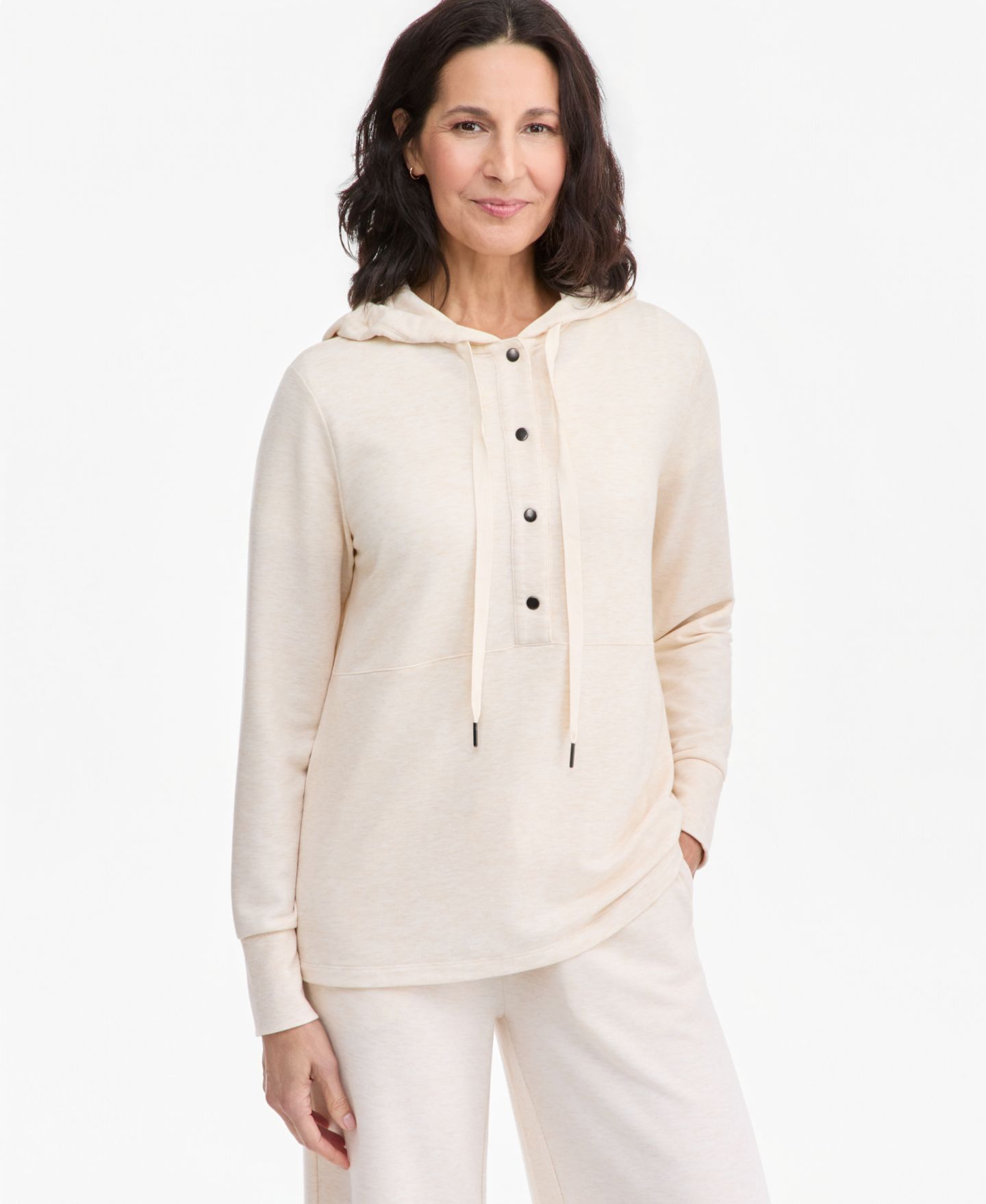 Женское худи Style & Co Petite LuxLounge French Terry V-Neck with Drawstring, цвет: Овсяный меланжевый — фото 1
