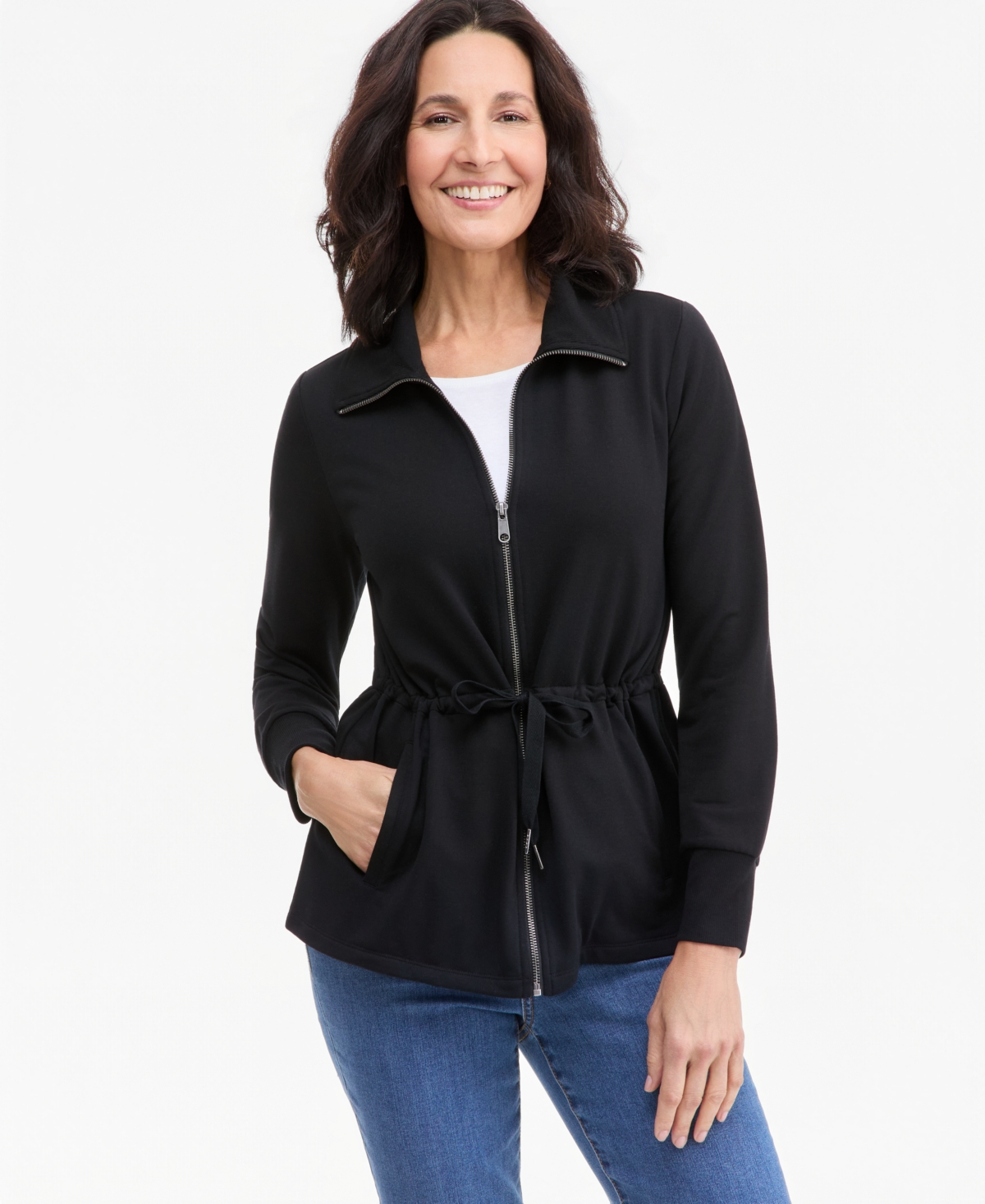 Style & Co Petite Luxlounge French Terry Long-sleeve Jacket, Macy's Exclusive In Deep Black