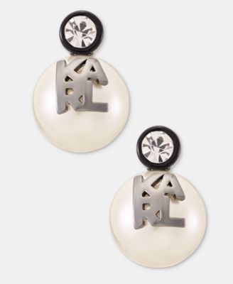 Pav&eacute; & Imitation Pearl Logo Stud Earrings